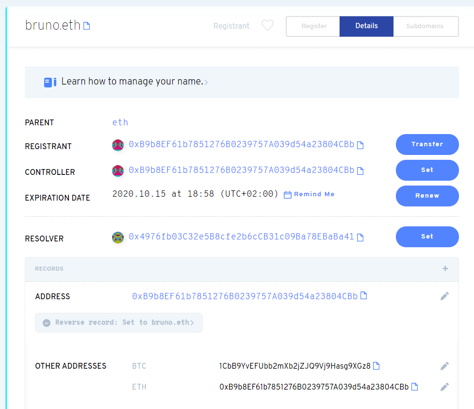 bruno.eth domain name in the ENS application